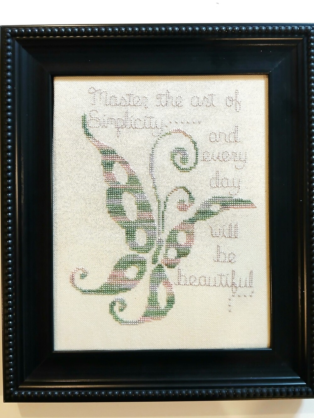Framed Cross-Stitch Butterfly Wall Art - Green & Pink